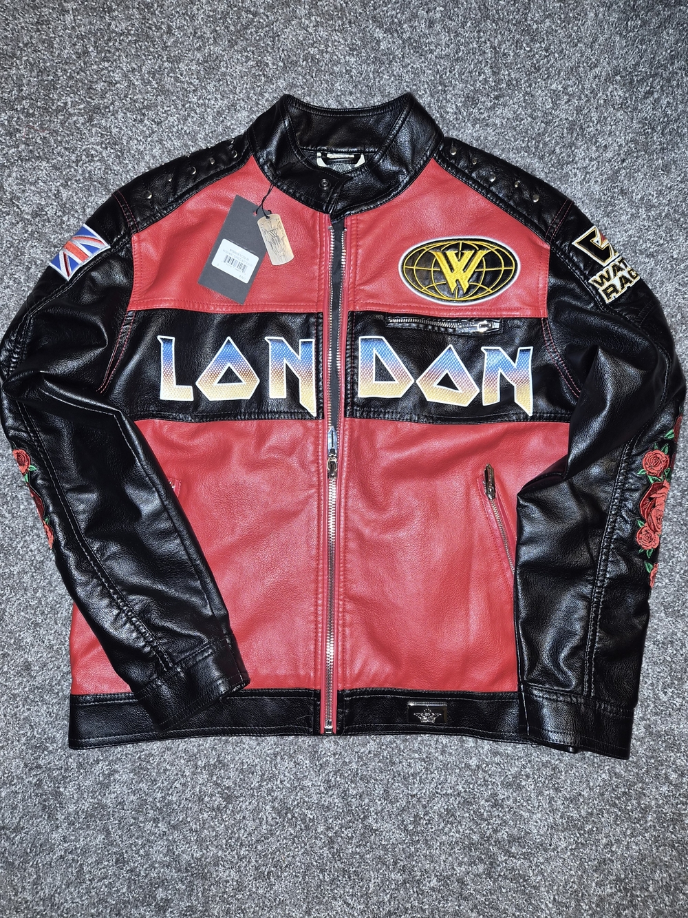 Red & Black 'London' Racing-Inspired Leather Bomber Jacket